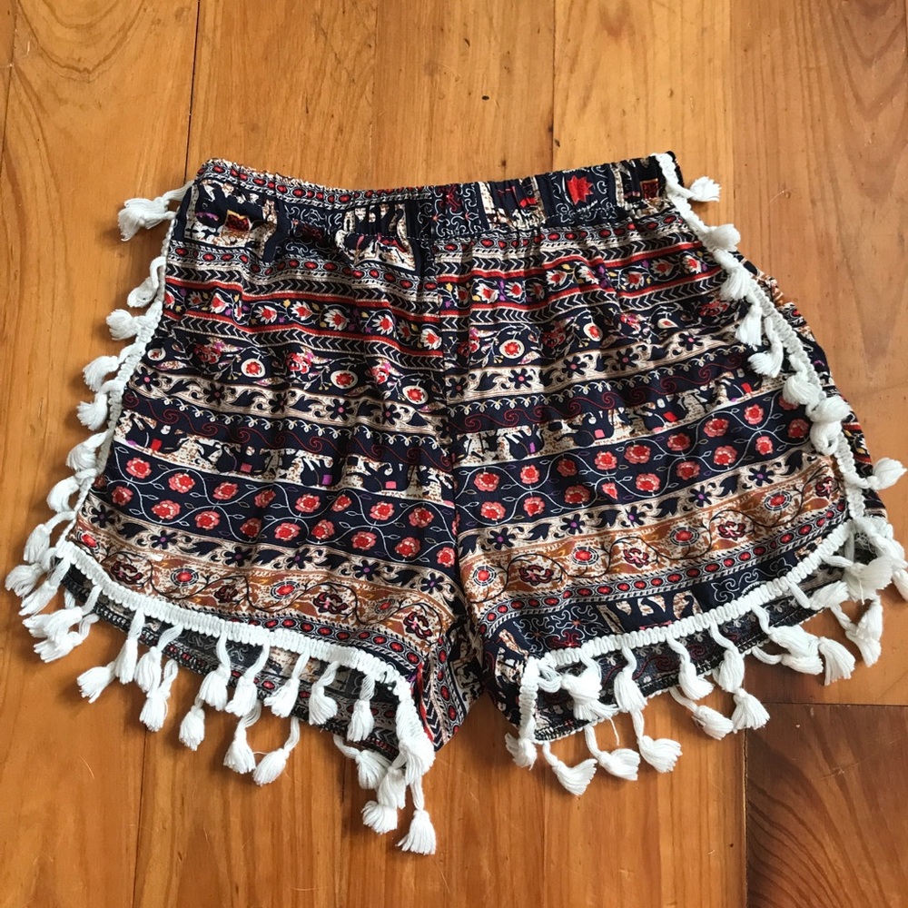 Tassel shorts, elephant print, elastic waist